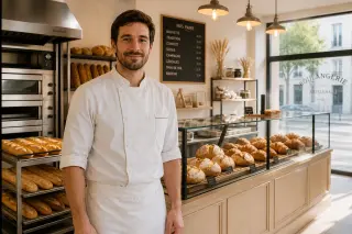 Young male baker in a white jacket standing behind the counter in a clean, modern French bakery, fresh breads and pastries on display with a professional oven in the background and morning light coming through the window.