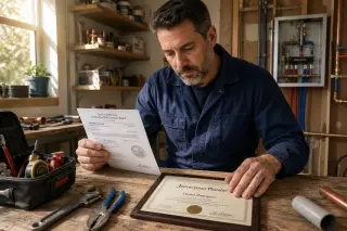 Artisan in a workshop reviews diploma and official documents at a workbench with tools, illustrating professional qualification in a crafts trade.