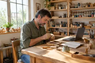 Artisan in a sunlit workshop carefully working on a small wooden item at a tidy workbench, surrounded by tools and crafts, with an open laptop and notebook nearby.