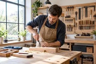 Un adulte en tablier travaille concentré à son établi dans un atelier artisanal moderne et bien éclairé, avec des outils accrochés au mur et la lumière du jour entrant par une grande fenêtre.