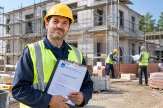 Artisan wearing safety gear holding a clipboard with documents in front of a building under construction, with two other workers in the background.
