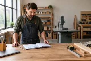 Artisan dans son atelier consultant un carnet de gestion parmi ses outils professionnels.